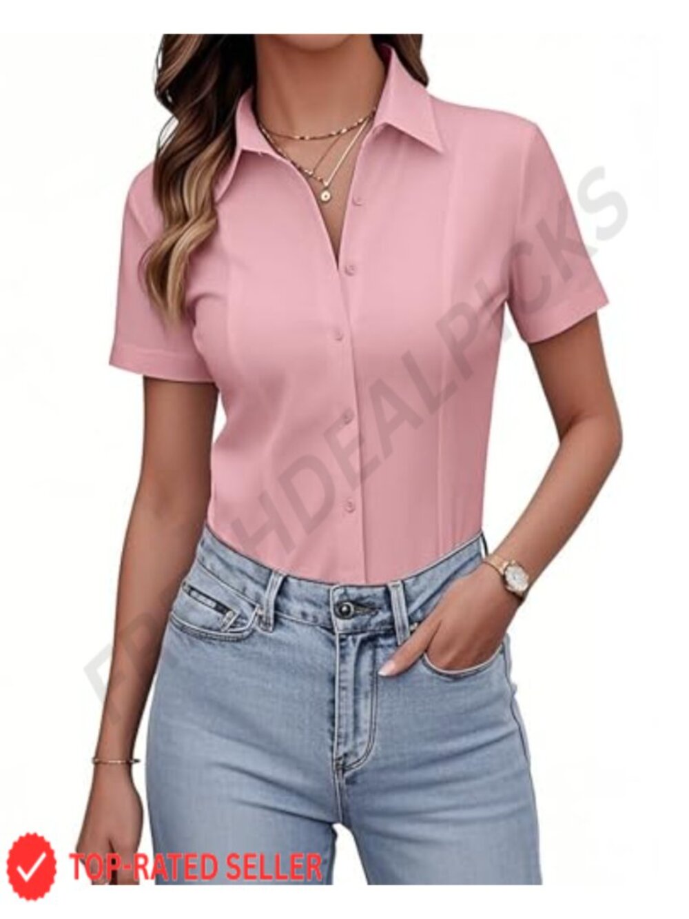 Women's Button Down Shirt Slim Fit Short Sleeve Stretch Wrinkle-Free Work Blouse